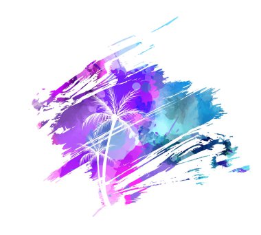 Soyut sıçrama şekli palm siluetleri ile boyalı. Kavram grunge arka plan seyahat. Çok renkli suluboya taklit vektör çizim.