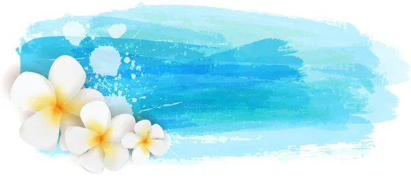 抽象的な水彩画の背景ブラシ線と熱帯のプルメリアの花 夏旅行の概念の背景 — ストックベクタ