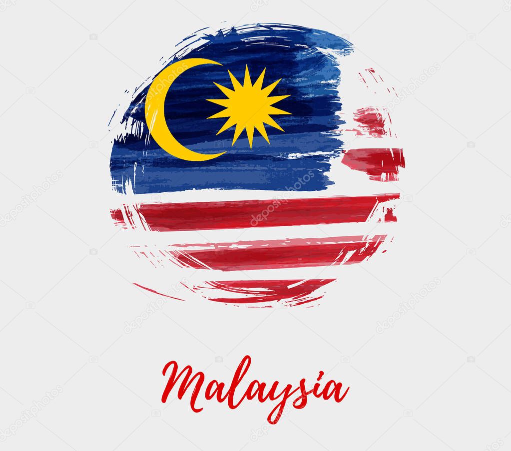 Watercolor imitation brushed Flag of Malaysia in grunge round shape. Jalur Gemilang. Background with Malaysia flag for your designs.