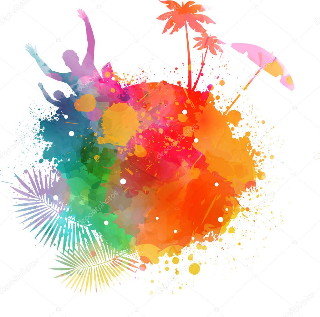 Abstract painted splash shape with silhouettes. Travel concept - partying, palm trees, sun umbrella. Multicolored. Vector illustration.
