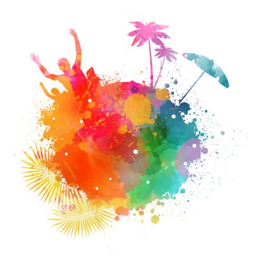 Soyut sıçrama şekli siluetleri ile boyalı. Seyahat kavramı - parti, palmiye ağaçları, güneş şemsiyesi. Çok renkli. Vektör çizim.