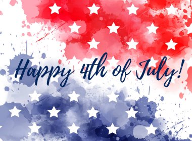 Mutlu 4 temmuzlar! Suluboya ile arka plan bayrak renkleri gün tatil ABD Bağımsızlık için su sıçramalarına. Mavi ve kırmızı yıldız ile renkli. Tatil arka plan, davet, el ilanı vb. için şablon.