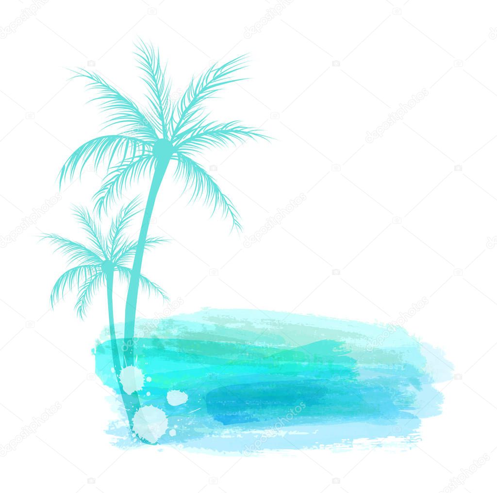 Abstract painted splash shape with palm silhouettes. Travel concept grunge background. Blue colored watercolor imitation vector illustration.