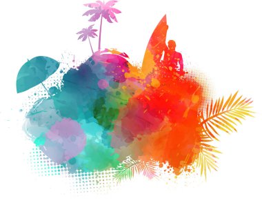 Soyut sıçrama şekli siluetleri ile boyalı. Kavram - sörf seyahat, güneş şemsiyesi, palmiyeler. Çok renkli. 