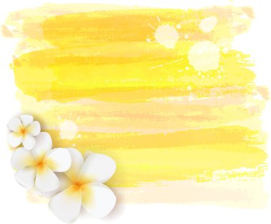 Background with abstract watercolor brushed lines and tropical plumeria flowers. Summer travel concept design.  clipart