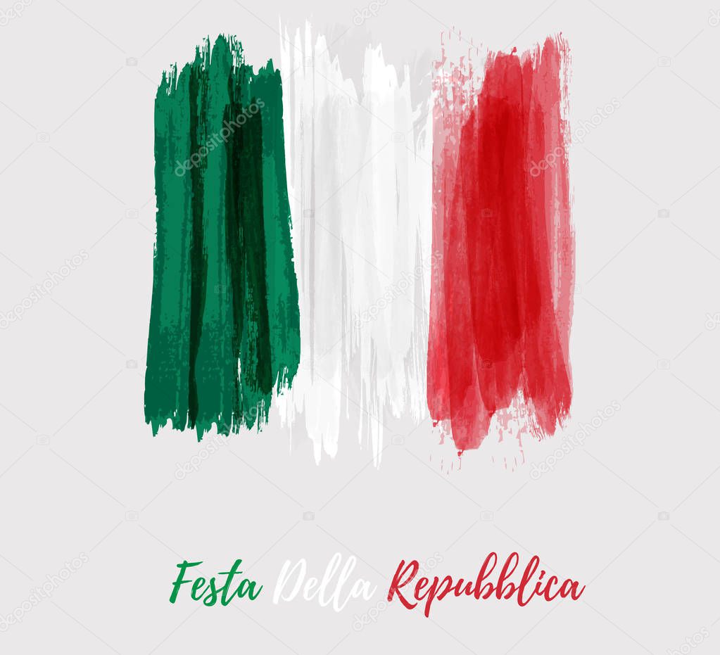 Holiday background with grunge watercolor imitation flag of Italy. Festa della Repubblica (Italian Republic Day). Template for poster, banner, flyer, invitation, etc.