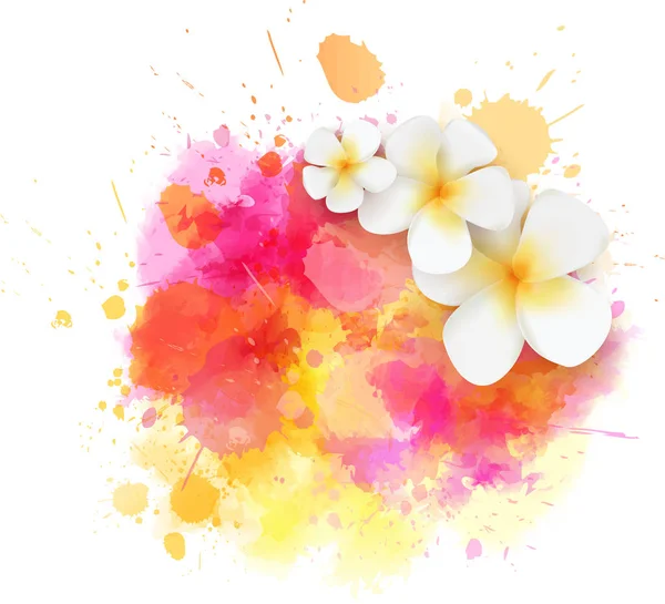 Abstrakte Reise Hintergrund Mit Plumeria Blumen Auf Bunten Aquarell Splash — Stockvektor