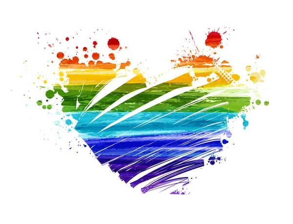 Grunge Aquarell Imitationslinien Regenbogenfarben Grunge Herzform Mit Spritzern Schwulenstolz Symbol — Stockvektor