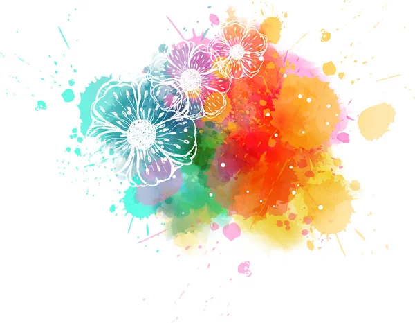 Malowane Obrysowane Kwiaty Tle Akwarela Colorful Splash — Wektor stockowy