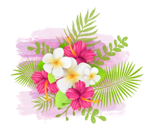 装饰植物背景与热带花叶和芙蓉花朵和叶子 粉红色水彩拉丝背景 — 图库矢量图片