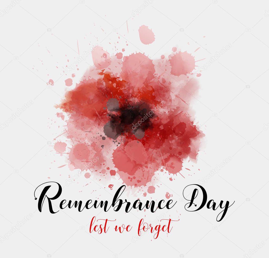 Remembrance Day. Lest we forget. Background with abstract watercolor painted poppy - remembrance day symbol. 