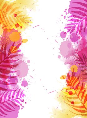 Soyut suluboya taklidi, arka planda tropik palmiye yapraklarıyla su sıçratır. Moda yaz tatili geçmişi.