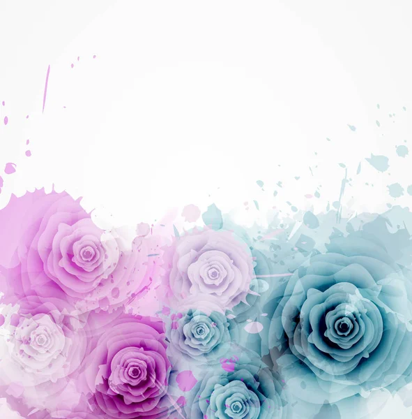 Abstrakter Hintergrund Mit Aquarell Bunten Spritzern Und Rosenblüten Violett Und — Stockvektor