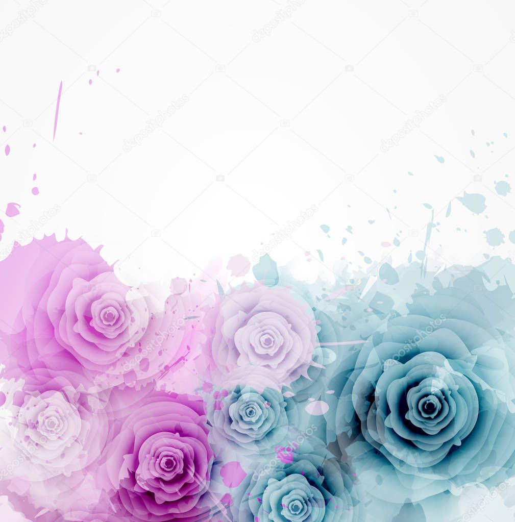 Abstract background with watercolor colorful splashes and rose flowers. Purple and blue colored. Template for your designs, such as wedding invitstion, greeting card, posters, etc.