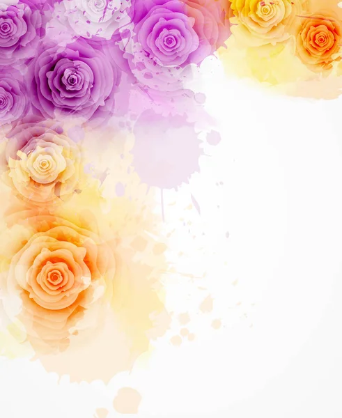 具有水彩斑斓的水彩斑斓的背景和玫瑰花 紫色和橙色 设计的模板 如婚宴请柬 海报等 — 图库矢量图片