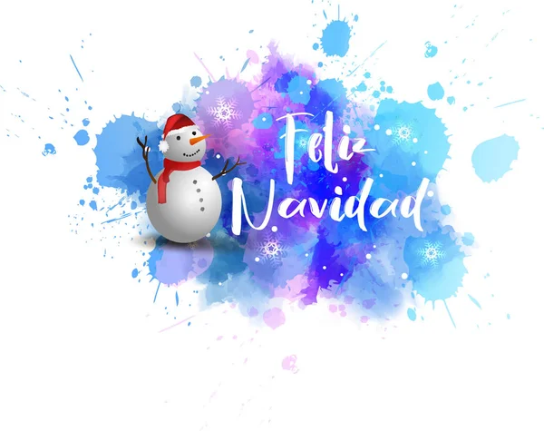 Watercolor Blue Blot Smiling Snowman Winter Season Illustration Feliz Navidad — Stock Vector