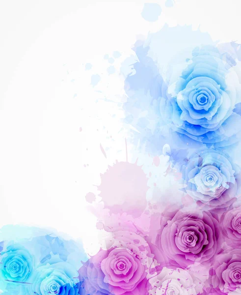 具有水彩斑斓的水彩斑斓的背景和玫瑰花 紫色和蓝色 设计的模板 如婚宴请柬 海报等 — 图库矢量图片