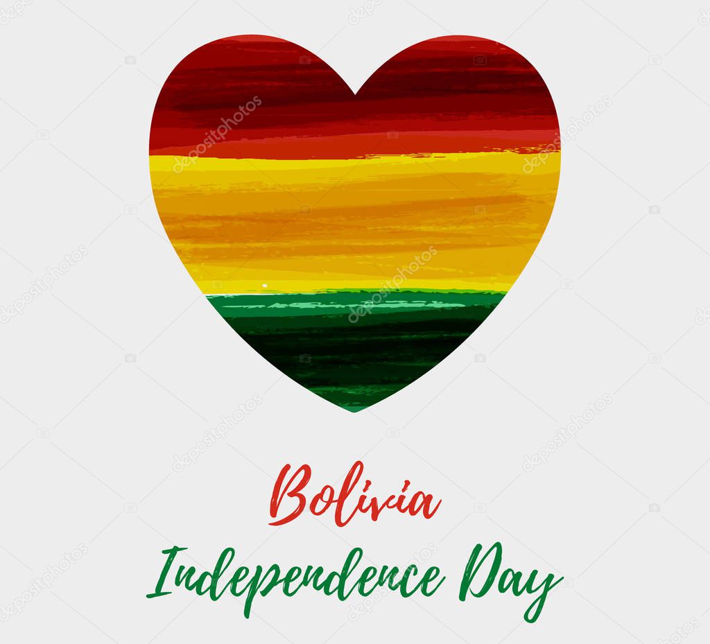 Bolivia Independence day. Abstract brushed grunge flag of Bolivia in heart shape. Template for holiday banner, poster, invitation, etc.
