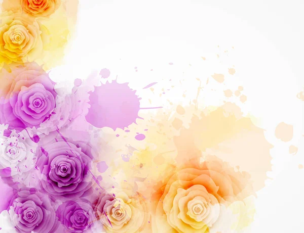 Αφηρημένο Φόντο Υδατογραφία Πολύχρωμες Πιτσιλιές Και Τριαντάφυλλο Λουλούδια Μωβ Και — Διανυσματικό Αρχείο