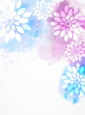 Arka plan suluboya renkli sıçraması ve çiçeklerle. Mor ve mavi renkli. Düğün davetiyesi, tebrik kartı, afiş, vb gibi Tasarımlarınız için şablon.