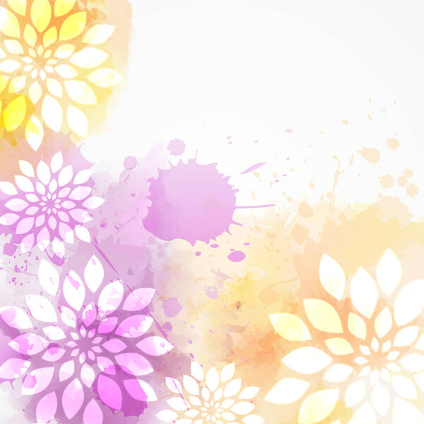Abstract background with watercolor colorful splashes and flowers. Purple and orange colored. Template for your designs, such as wedding invitation, greeting card, posters, etc.