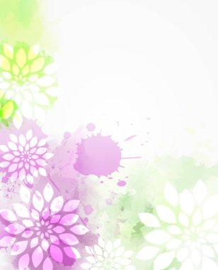 Arka plan suluboya renkli sıçraması ve çiçeklerle. Mor ve yeşil renkli. Düğün davetiyesi, tebrik kartı, afiş, vb gibi Tasarımlarınız için şablon.