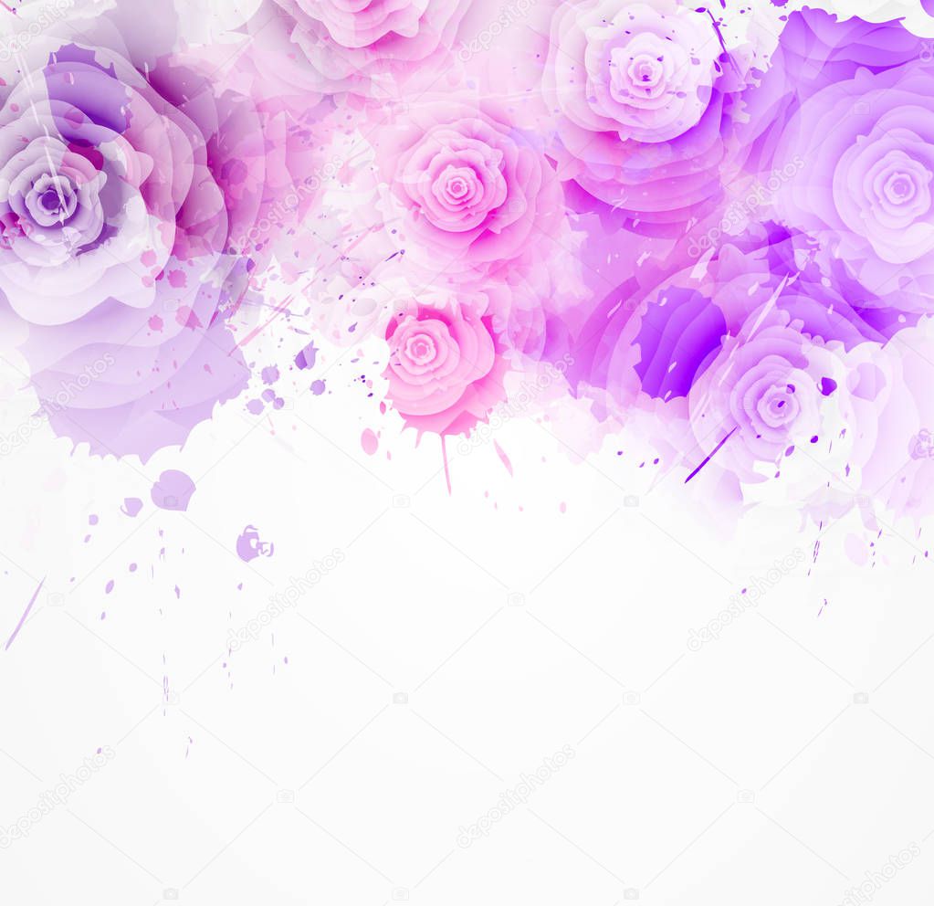 Abstract background with watercolor colorful splashes and rose flowers. Purple and pink colored. Template for your designs, such as wedding invitation, greeting card, posters, etc.