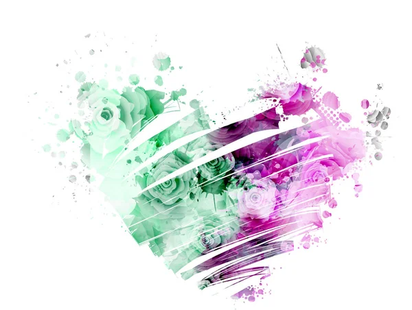 Grunge Υδατογραφία Ζωγραφισμένη Καρδιά Τριαντάφυλλα Αφηρημένη Ροζ Και Πράσινο Χρώμα — Διανυσματικό Αρχείο