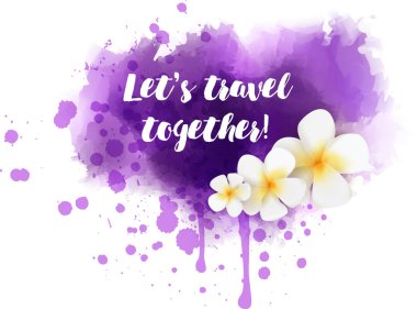 Soyut yaz plumeria çiçekler mor suluboya splash arka plan. Hadi birlikte seyahat! -tatil kavramı arka plan