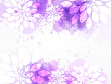 Arka plan suluboya renkli sıçraması ve çiçeklerle. Mor renkli. Düğün davetiyesi, tebrik kartı, afiş, vb gibi Tasarımlarınız için şablon.