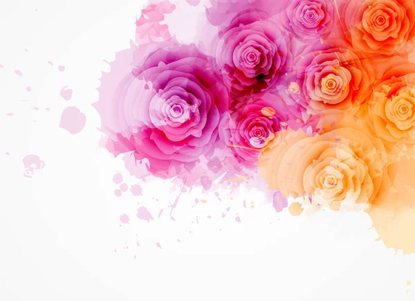 抽象的な背景水彩画のカラフルな水しぶきとバラの花 ピンクとオレンジ色 結婚式招待状 グリーティング カード ポスターなど デザインのテンプレート — ストックベクタ