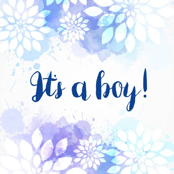 それは男の子である 青の色 赤ちゃんの性別は 概念図を明らかにします 花の要素と水彩の模倣スプラッシュの背景 — ストックベクタ