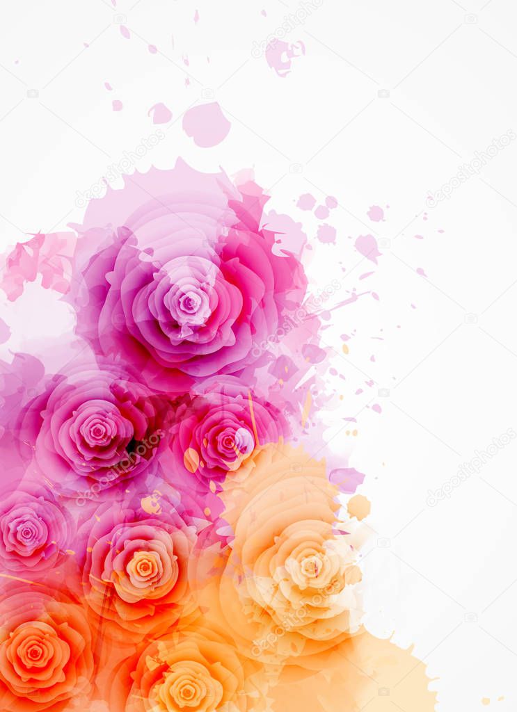 Abstract background with watercolor colorful splashes and rose flowers. Purple and orange colored. Template for your designs, such as wedding invitation, greeting card, posters, etc.