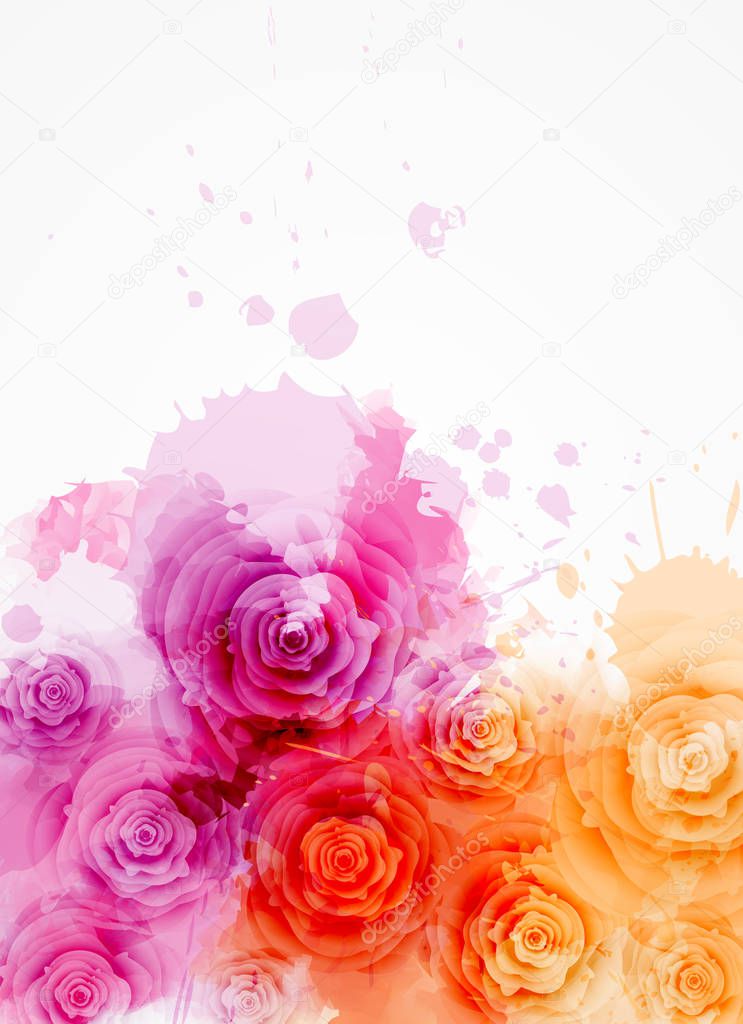 Abstract background with watercolor colorful splashes and rose flowers. Purple and orange colored. Template for your designs, such as wedding invitation, greeting card, posters, etc.