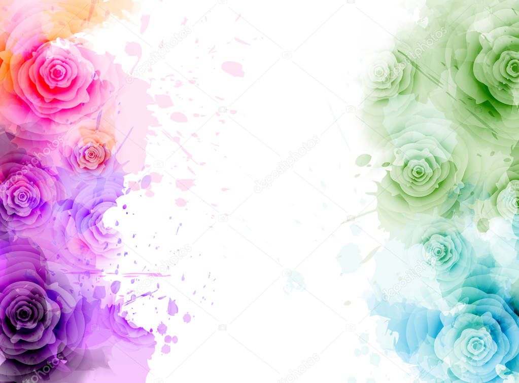 Abstract background with watercolor colorful splashes and rose flowers. Pink and orange colored. Template for your designs, such as wedding invitation, greeting card, posters, etc.