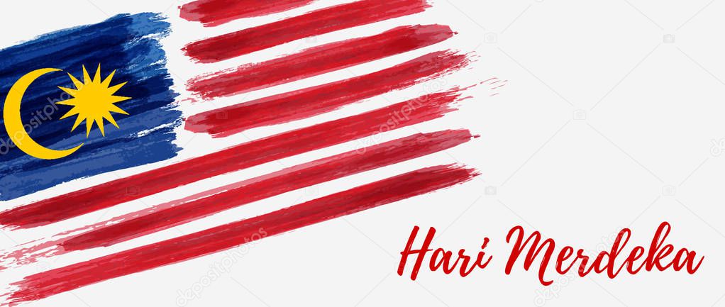 Malaysia Independence day background. With grunge painted flag of Malaysia. Hari Merdeka holiday. Template for poster, banner, flyer, invitation, etc.