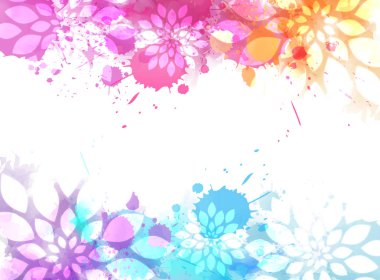 Arka plan suluboya renkli sıçraması ve çiçeklerle. Parlak renkli sıçraması. Düğün davetiyesi, tebrik kartı, afiş, vb gibi tasarımlarınız için şablon.