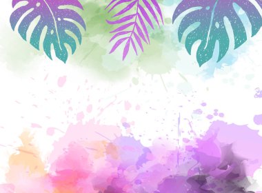 Soyut suluboya taklidi, arka planda tropik palmiye yapraklarıyla su sıçratır. Moda yaz tatili geçmişi.