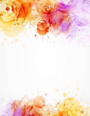 Suluboya lekeleri ve gül çiçekleriyle soyut bir arkaplan. Mor ve turuncu renkli. Tasarımlarınız için şablon, örneğin düğün davetiyesi, tebrik kartı, posterler, vs..