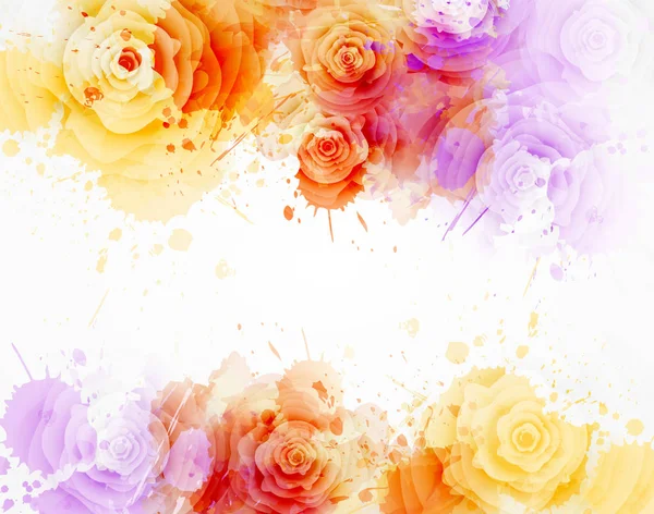 水彩色の飛沫とバラの花と抽象的な背景 紫とオレンジの色 結婚式の招待状 グリーティングカード ポスターなどのデザインのテンプレート — ストックベクタ