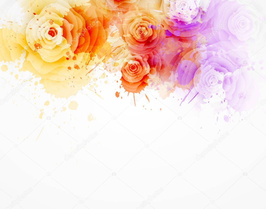 Abstract background with watercolor colorful splashes and rose flowers. Purple and orange colored. Template for your designs, such as wedding invitation, greeting card, posters, etc.