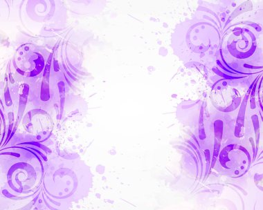 Sulu Boya renkli sıçraması ve çiçek girdap süs eşyaları ile arka plan. Mor renkli. Düğün davetiyesi, tebrik kartı, afiş, vb gibi tasarımlarınız için şablon.