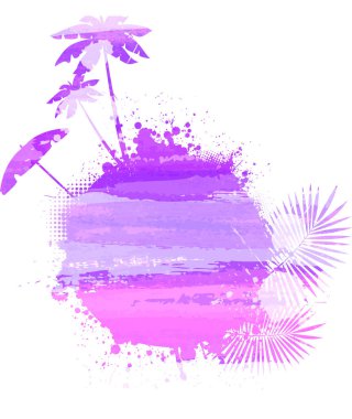 Soyut sıçrama şekli siluetleri ile boyalı. Seyahat kavramı - palmiye ağaçları, palmiye yaprakları, güneş şemsiyesi. Mor renkli.