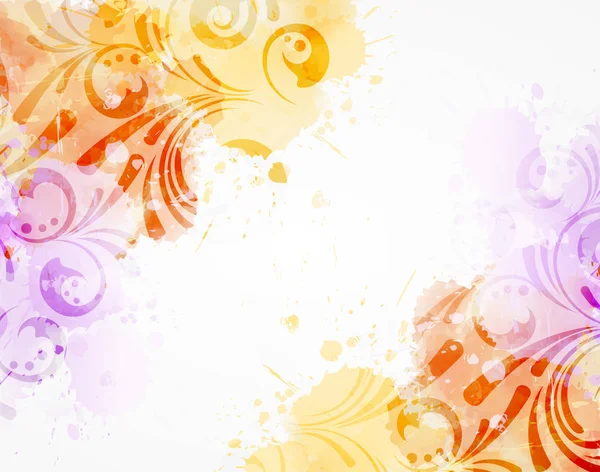 Abstrakter Hintergrund Mit Aquarellfarbenen Farbtupfern Und Floralen Wirbelornamenten Orangefarben Vorlage — Stockvektor
