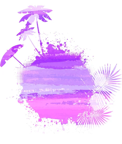 抽象はスプラッシュ シルエットを持つ図形が描かれています 旅行の概念 ヤシの木 ヤシの葉 太陽の傘 紫の色 — ストックベクタ