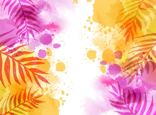 Abstraktní Akvarel Imitace Postříká Pozadí Tropickými Palmovými Listy Trendy Letní — Stockový vektor