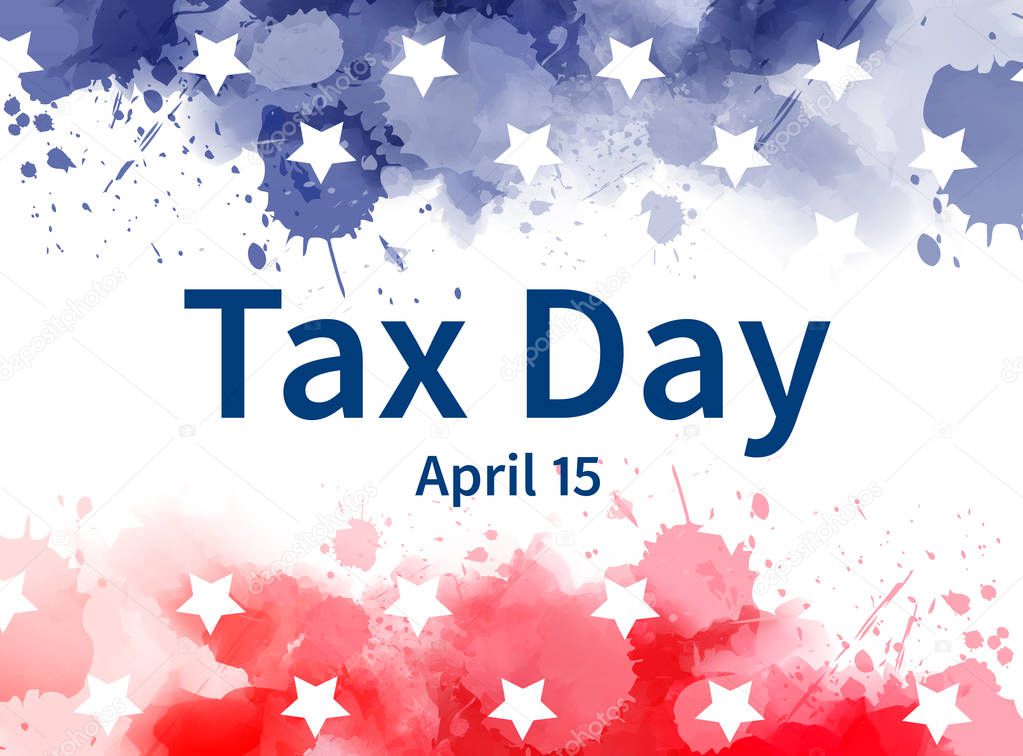 Tax day in United States of America. Abstract watercolor background with stars in colors of USA flag.