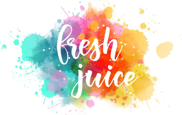 Letras de jugo fresco en salpicaduras de acuarela — Vector de stock