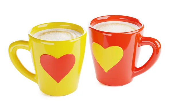 Dois Copos Café Com Ornamento Forma Coração Isolado Render — Fotografia de Stock