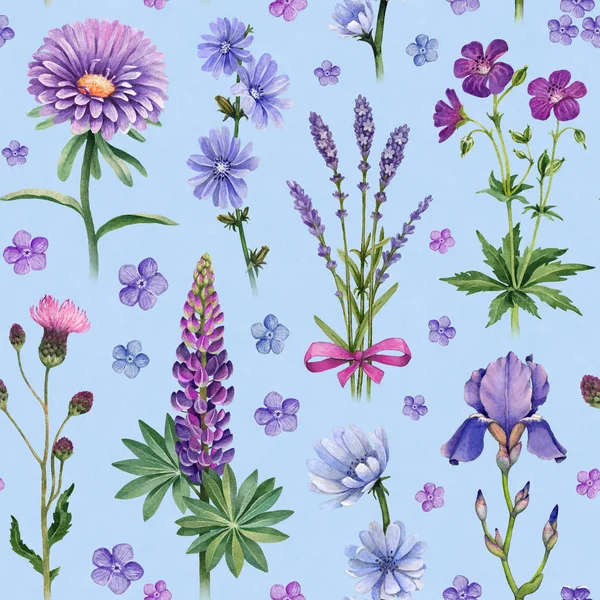 Ilustraciones Acuarela Flores Azules Moradas Patrón Sin Costura —  Fotos de Stock
